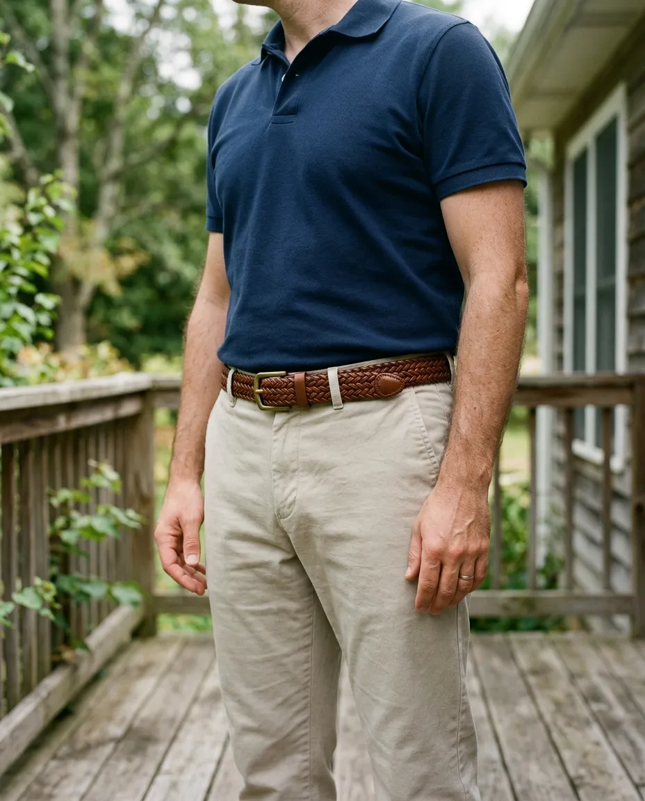 A tan braided leather belt worn with stone chinos and a navy polo
