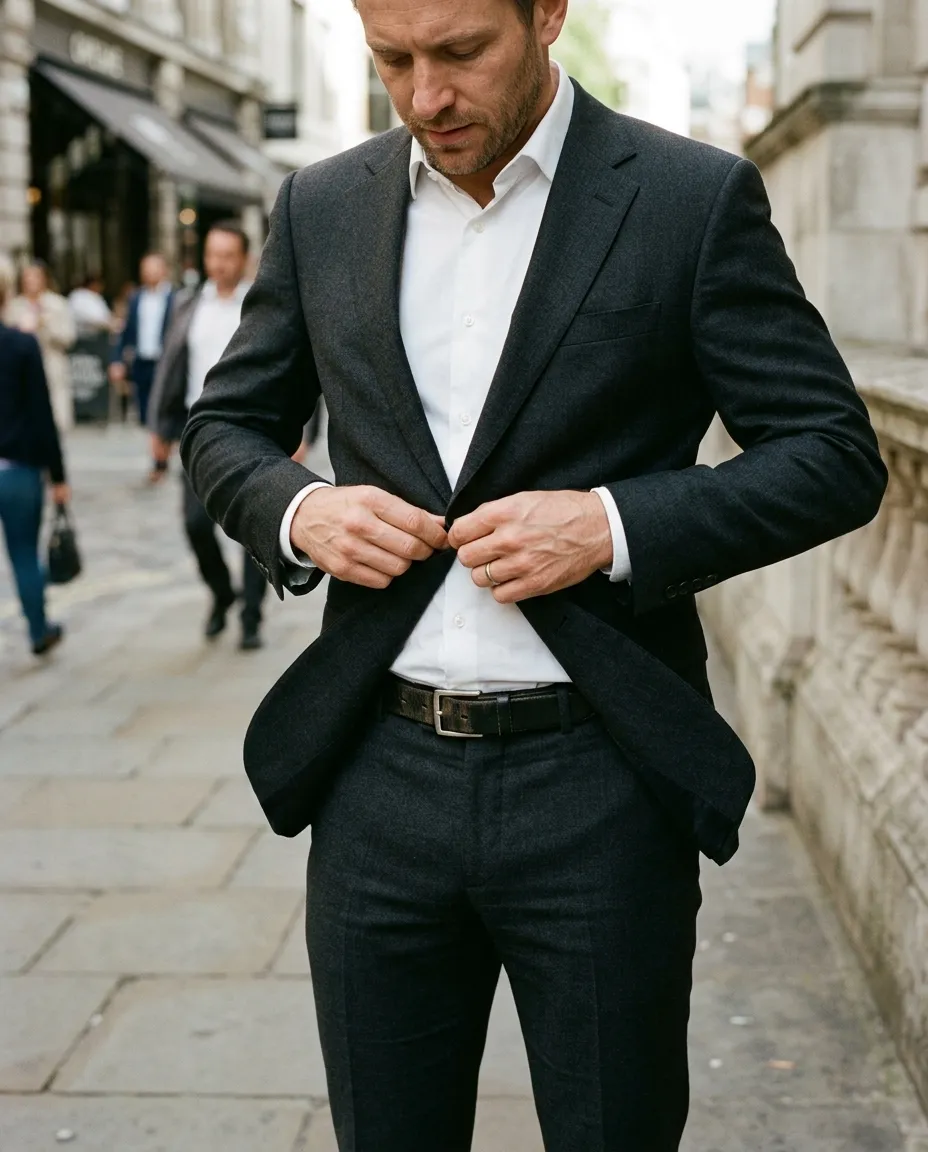 A slim black belt with suit trousers and a white shirt, a jacket being buttoned