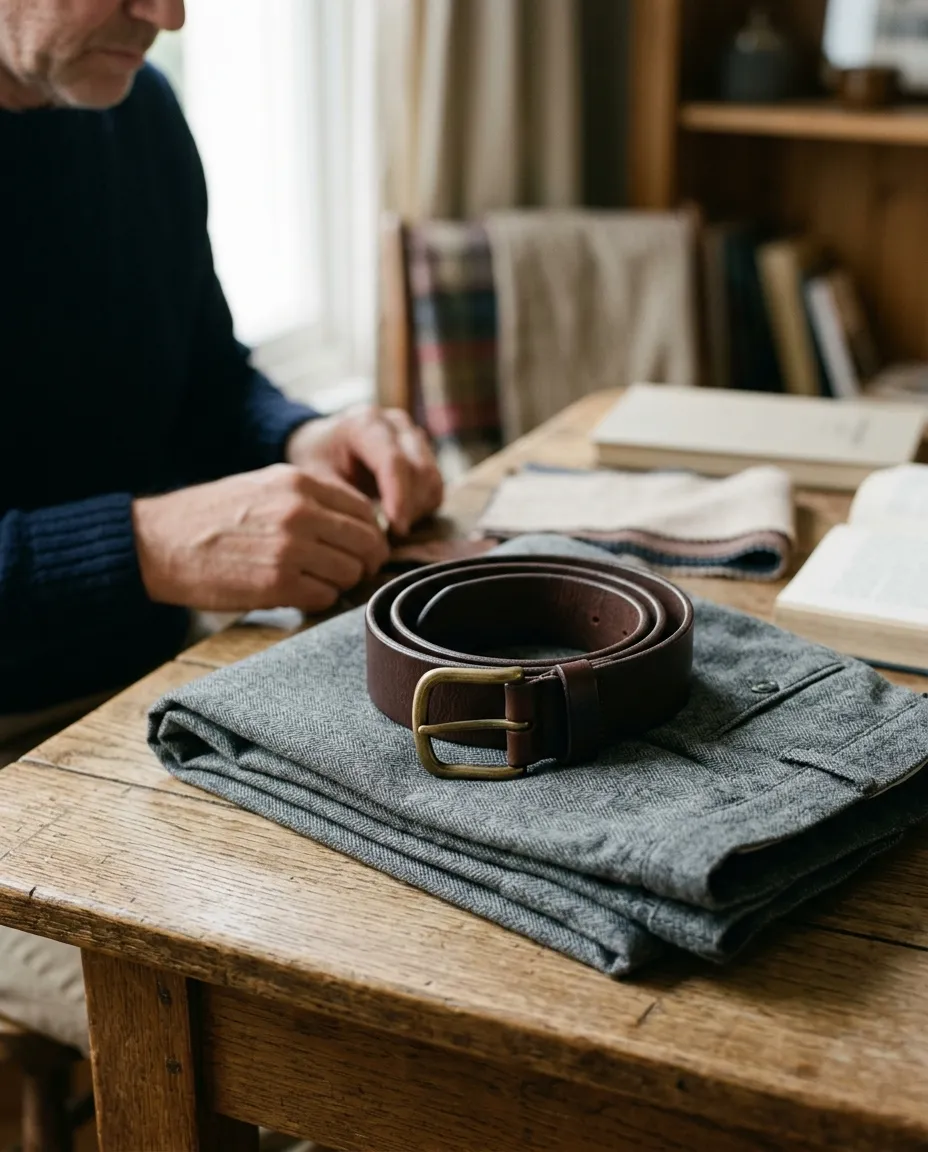 A brown leather belt coiled on folded grey trousers on a wooden table