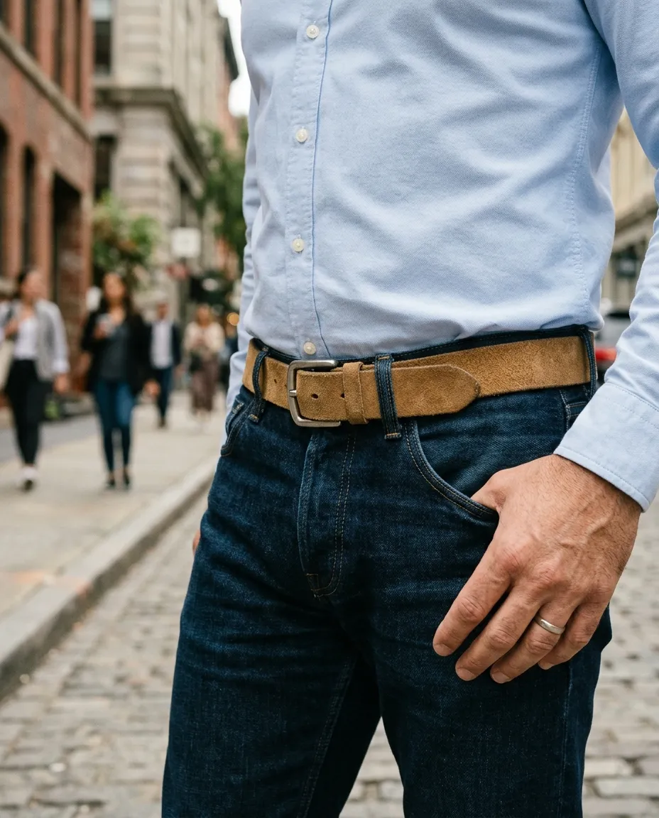 A tan suede belt with a silver buckle worn with dark jeans and a light blue oxford shirt