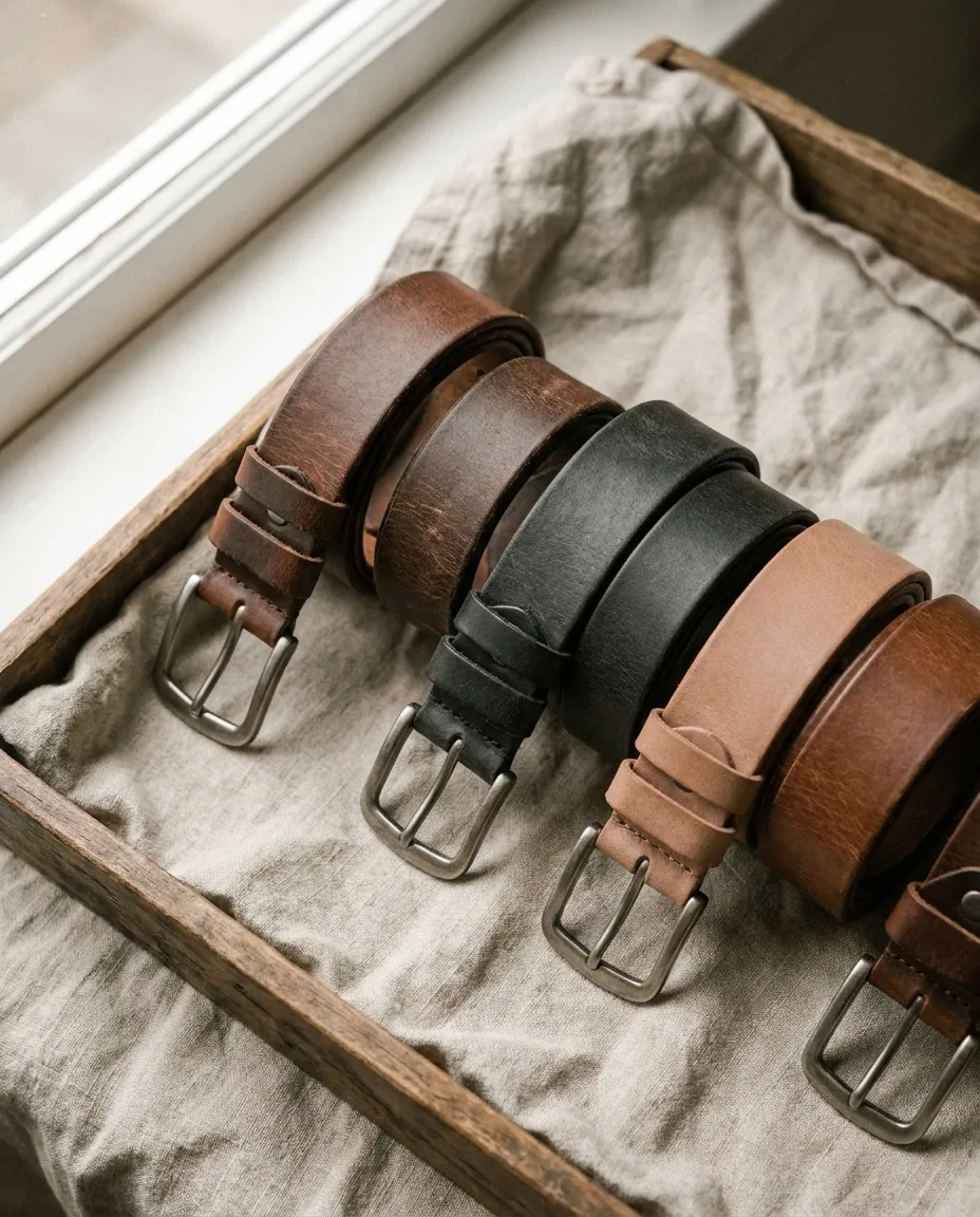 Brown, black and tan leather belts rolled on a wooden tray