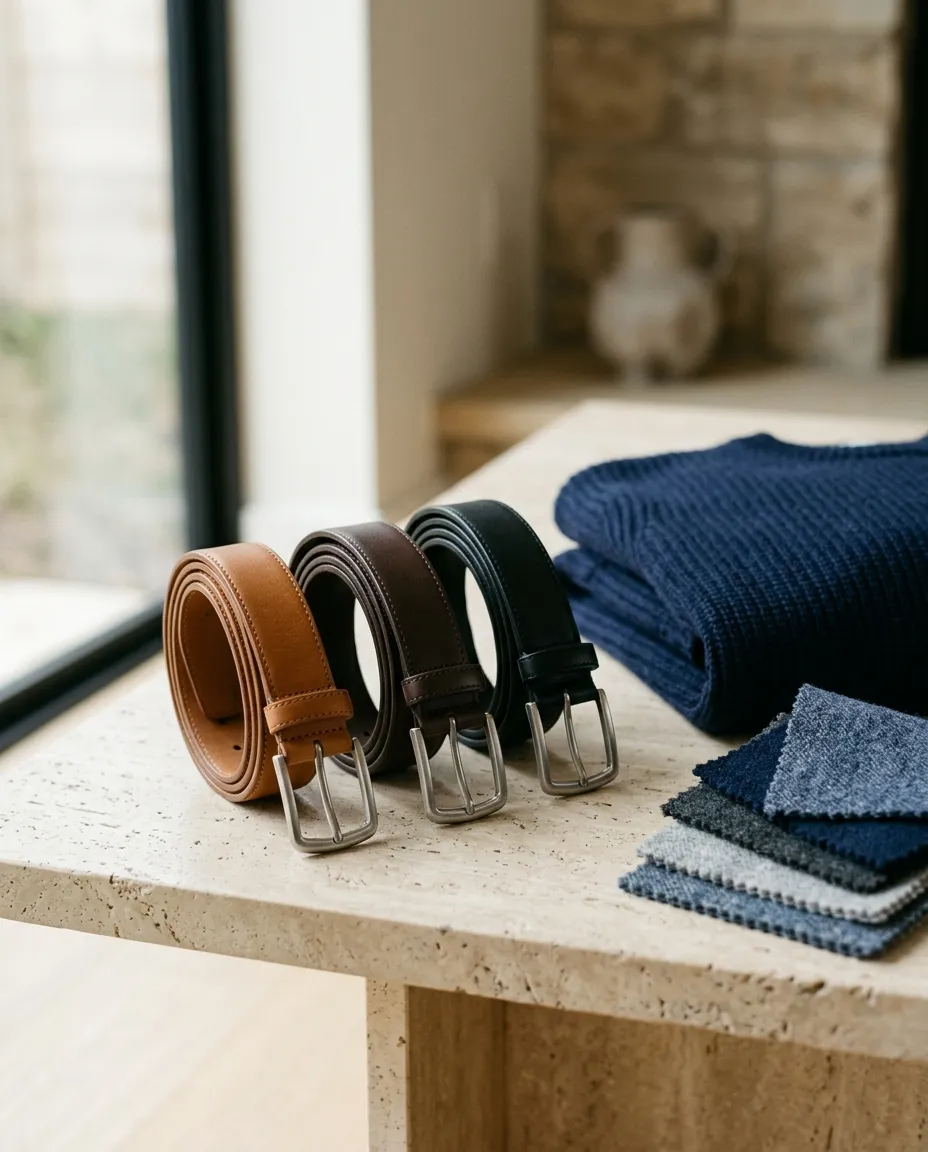 Three leather belts in tan, brown and black coiled on a travertine table beside a navy knit and wool swatches