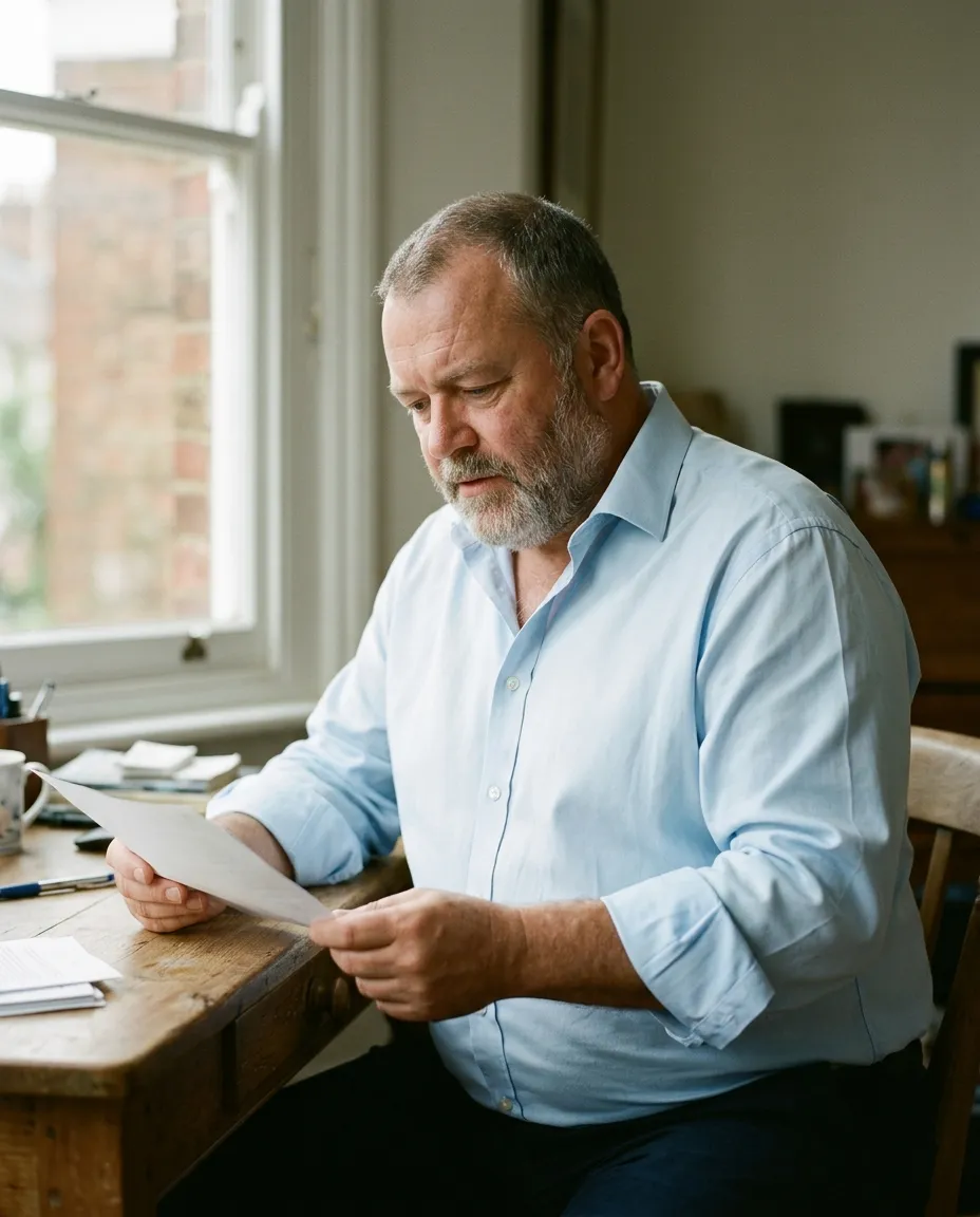 A grey bearded man in a pale blue open collar shirt reading at a desk by a window