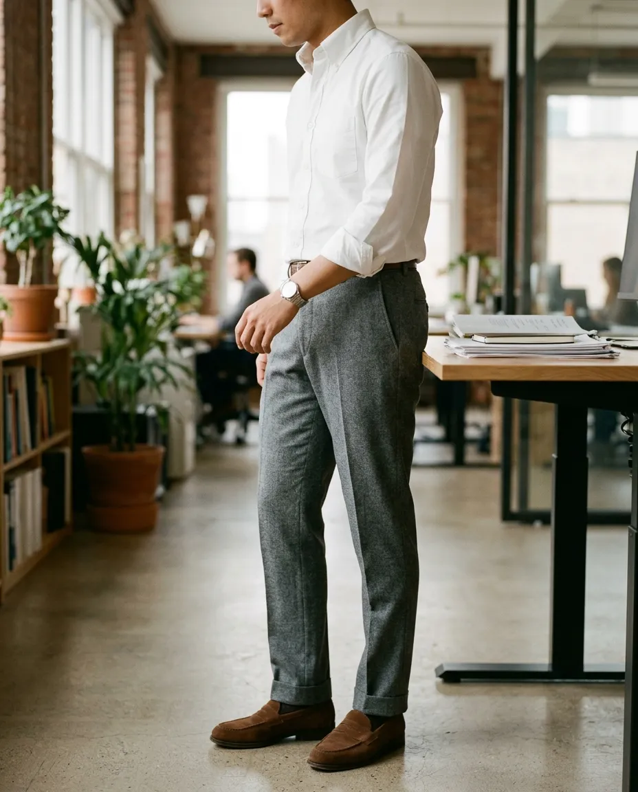 Grey flannel trousers, a tucked white shirt and suede loafers at a standing desk