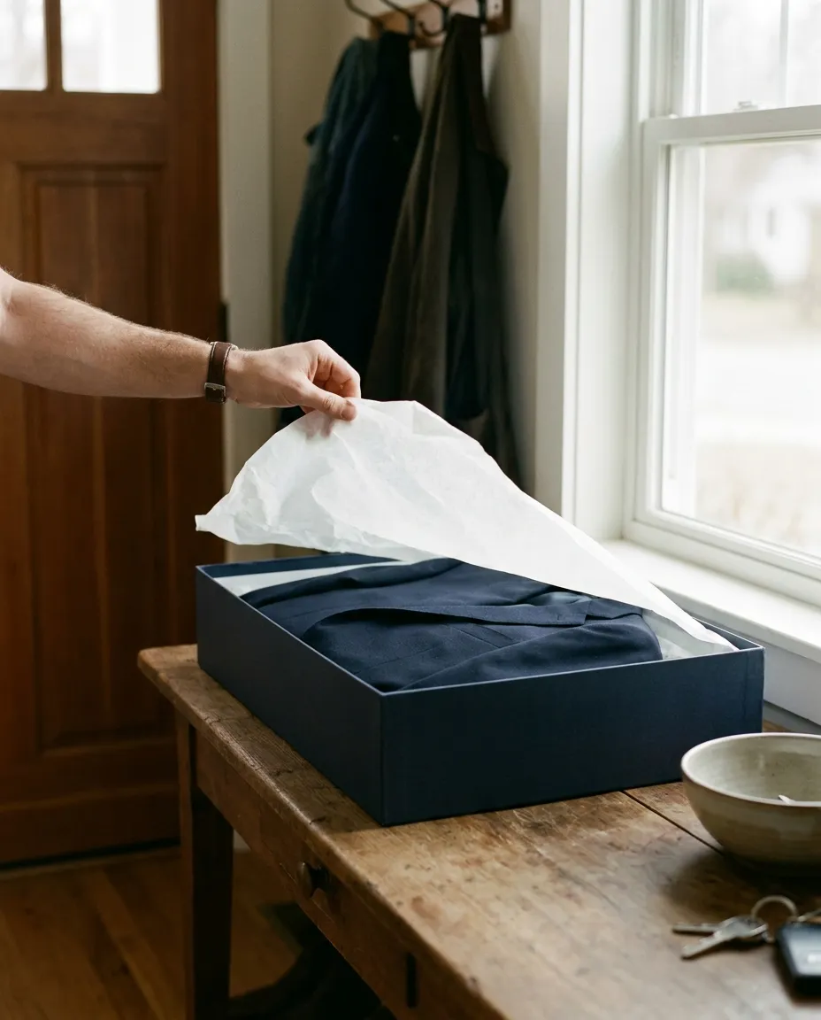 A navy suit jacket in tissue paper being lifted from a plain navy box on an entry table