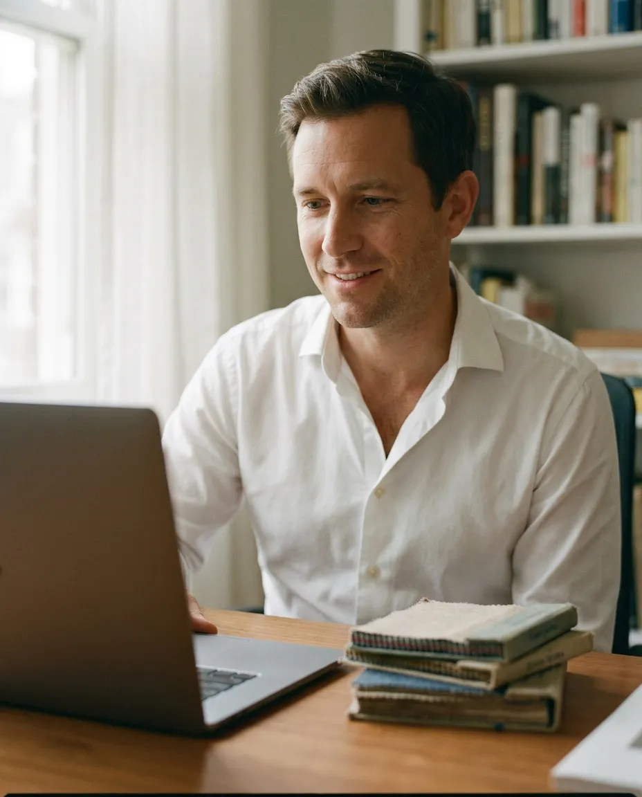 A man in a white shirt on a video call at a desk in a bright home office, swatch books beside the laptop