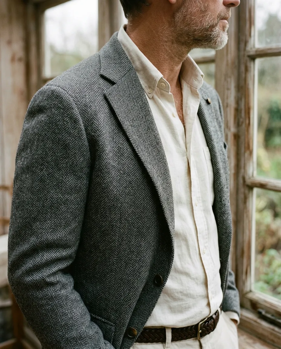 The lapel of a grey herringbone sport coat over an open collar shirt
