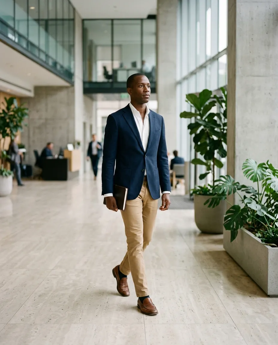 A man in a navy sport coat, open collar shirt and tan trousers crossing an office lobby