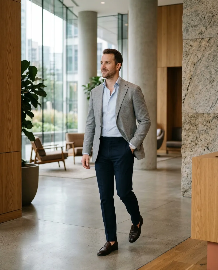 A man in a light grey sport coat, pale blue open collar shirt and navy trousers crossing a modern lobby