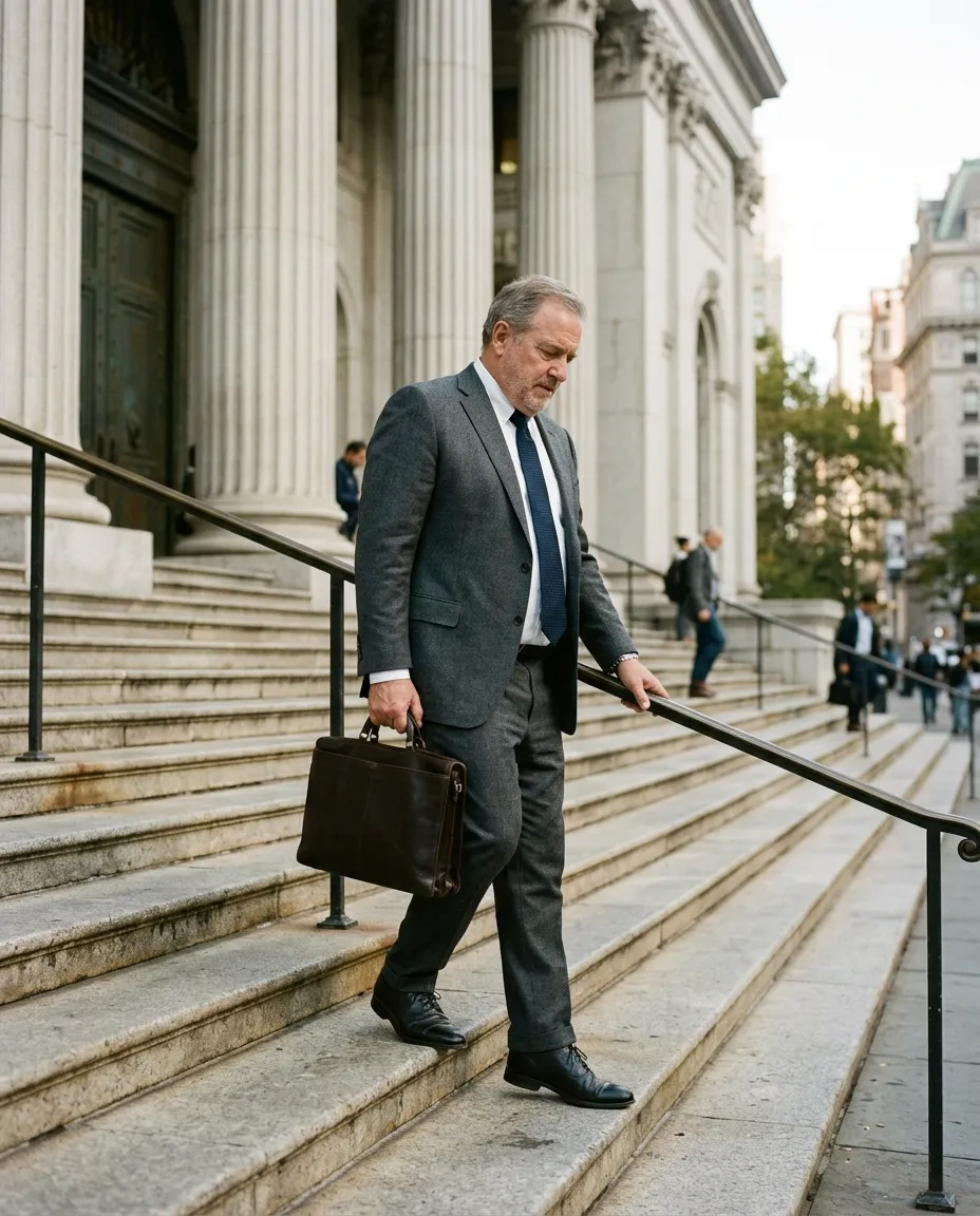 A man in a charcoal suit walking down the stone steps of a courthouse with a briefcase
