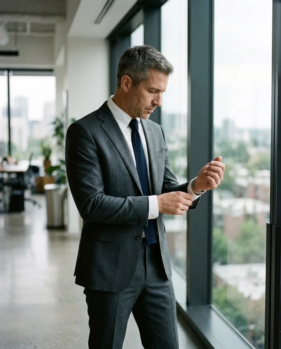 A man in a charcoal suit, white shirt and navy knit tie adjusting his cuff by an office window