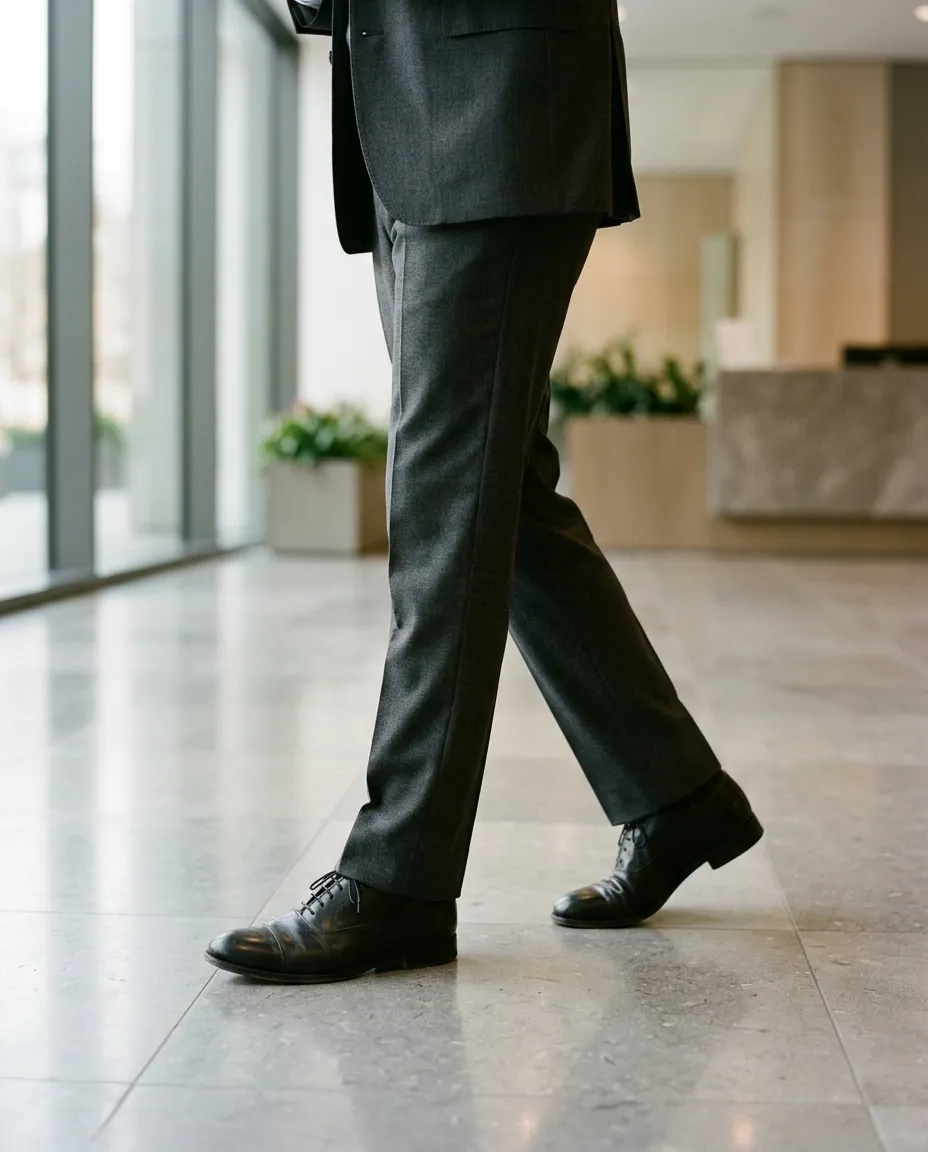 Charcoal wool trousers and black shoes crossing a stone office lobby