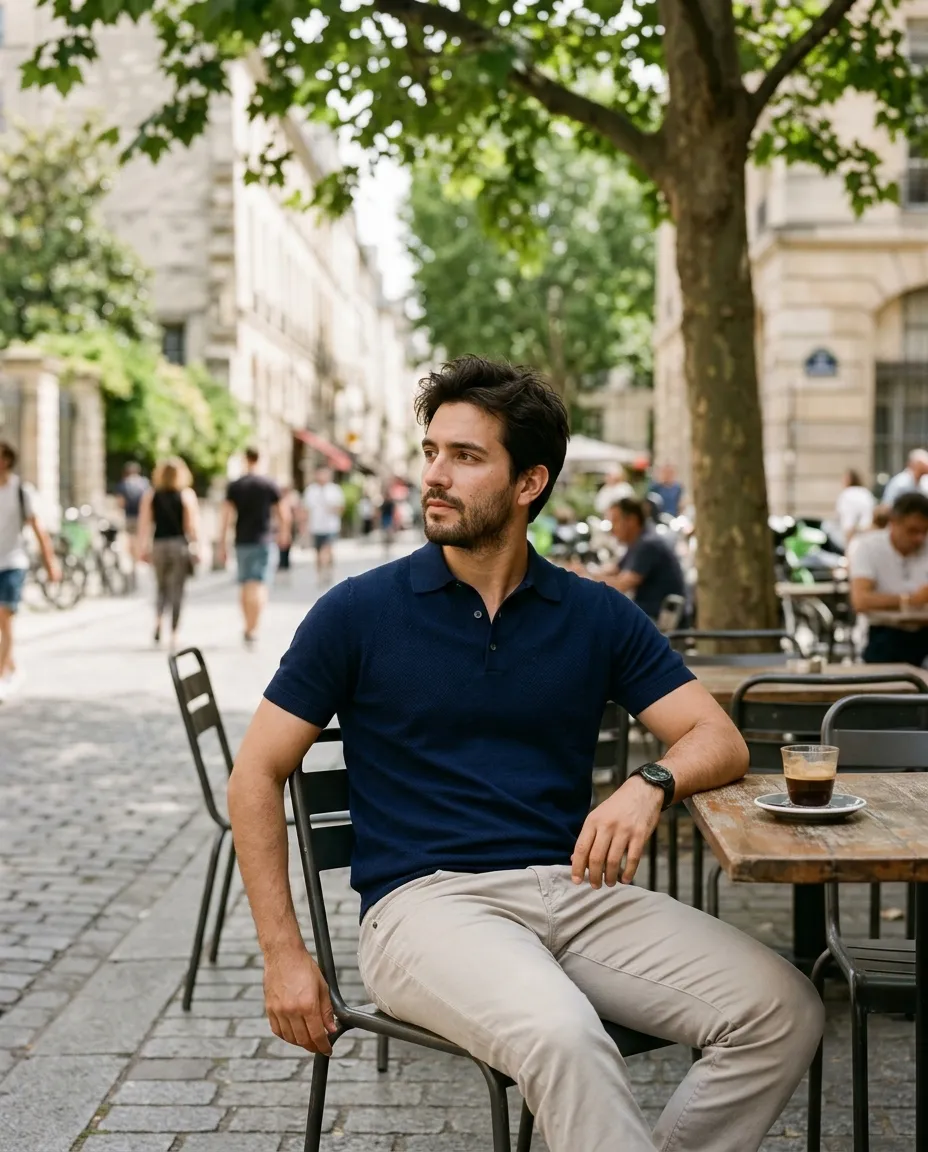 A man in a navy polo and stone trousers at an outdoor cafe table