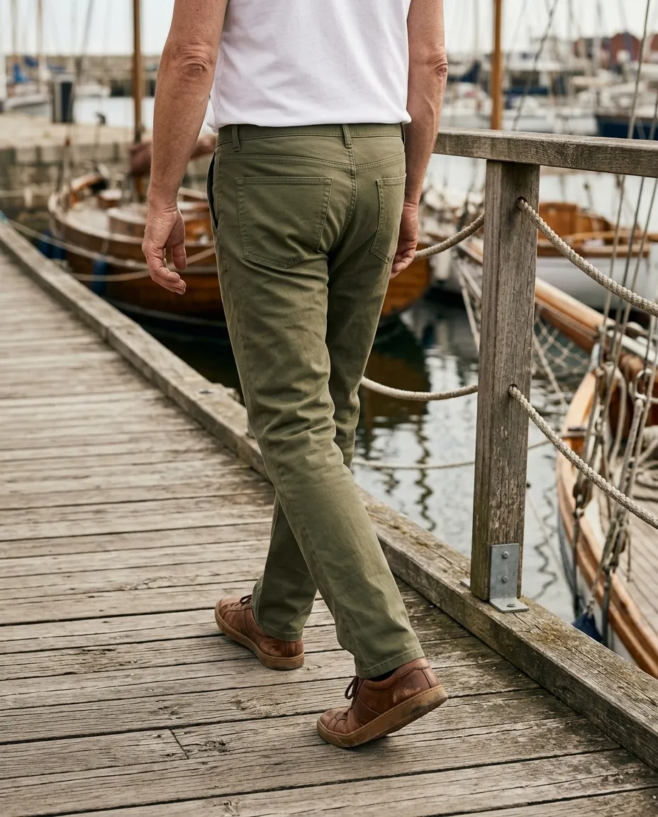Olive five-pocket pants and leather sneakers on a harbour boardwalk