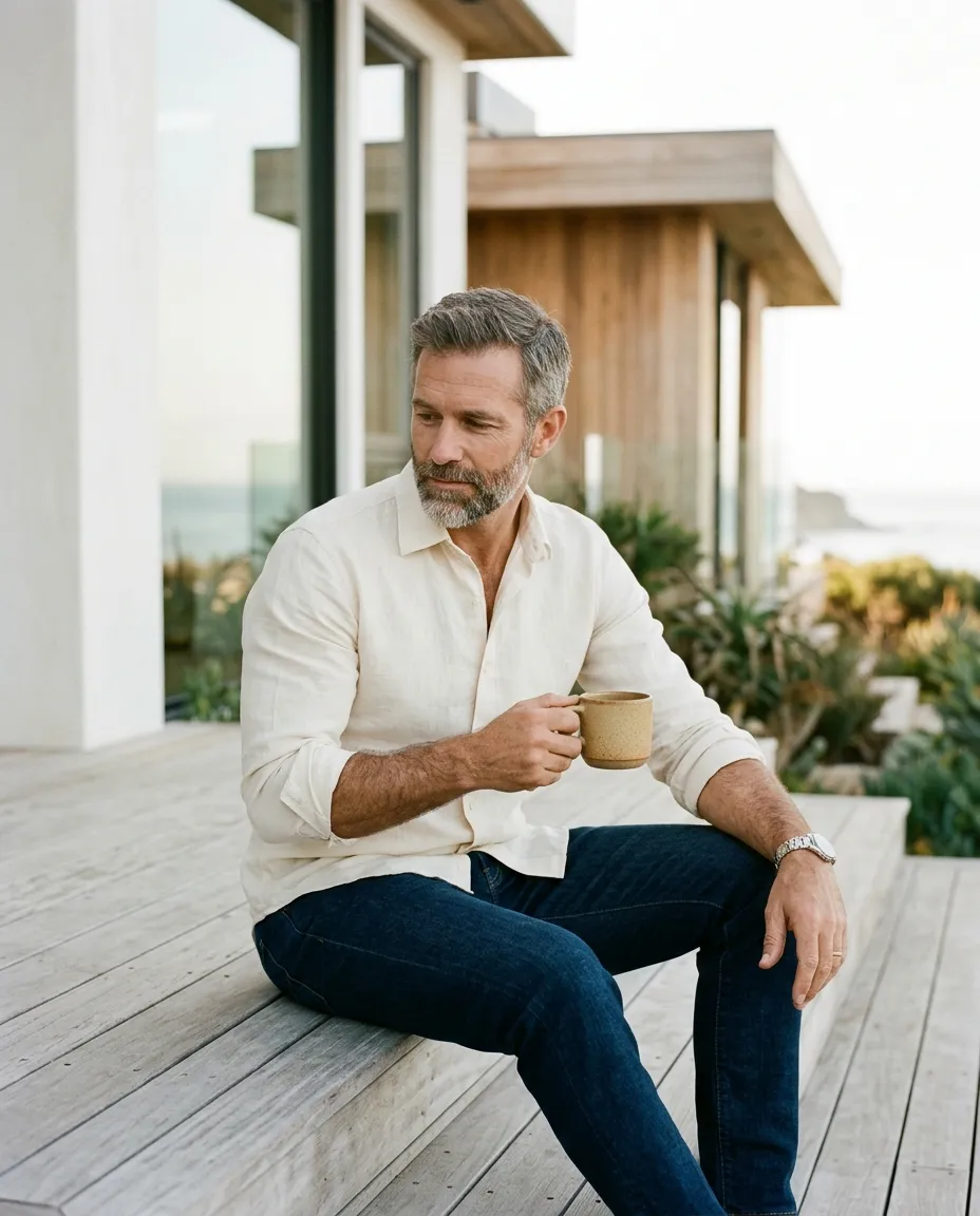 A grey bearded man in a cream linen shirt and dark jeans with a coffee on the deck of a coastal house