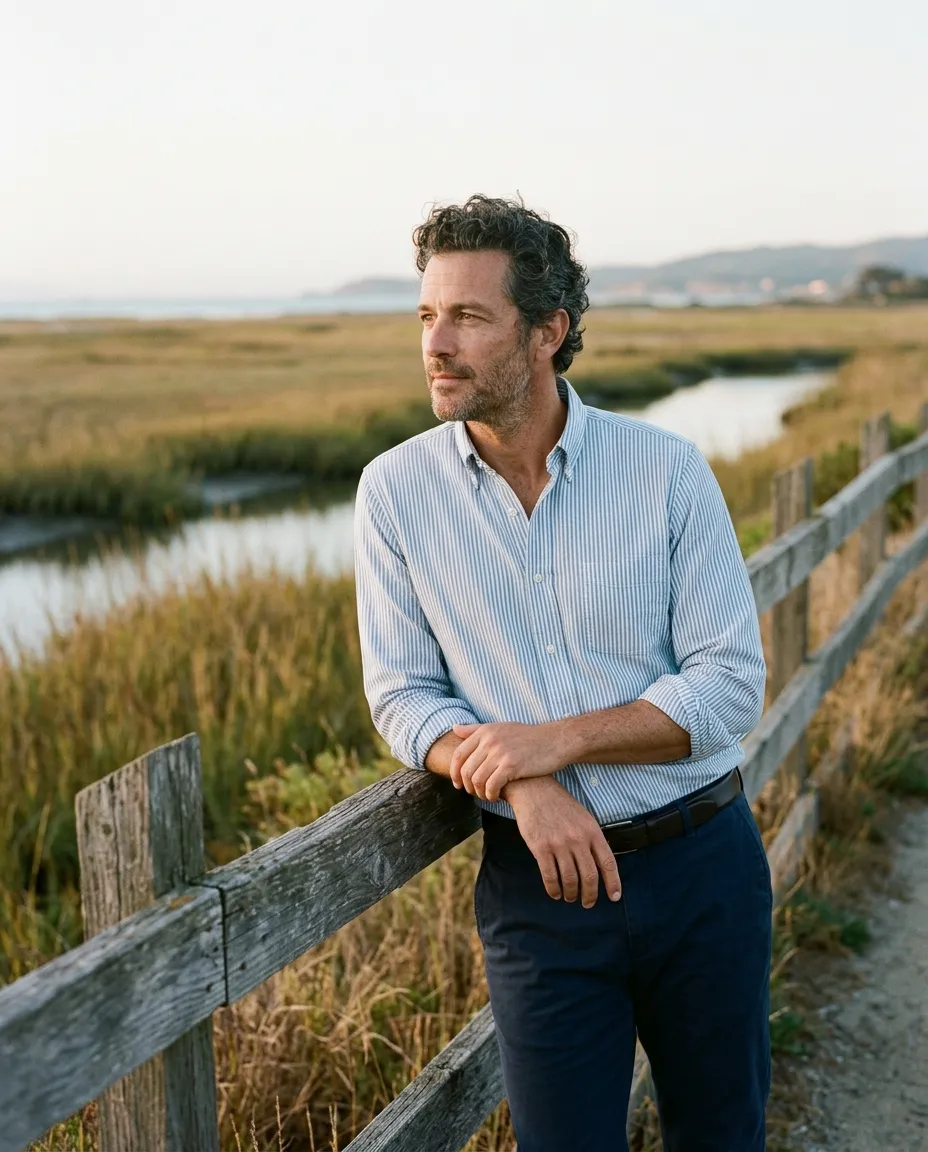 A man in a blue and white striped shirt leaning on a fence by a coastal marsh