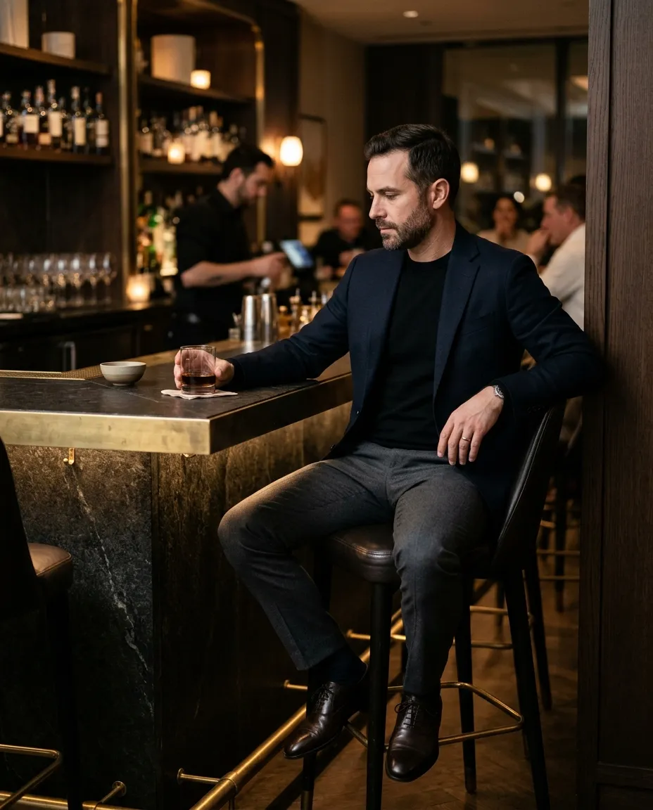 A bearded man in a navy jacket over a black knit at the bar of a dimly lit restaurant