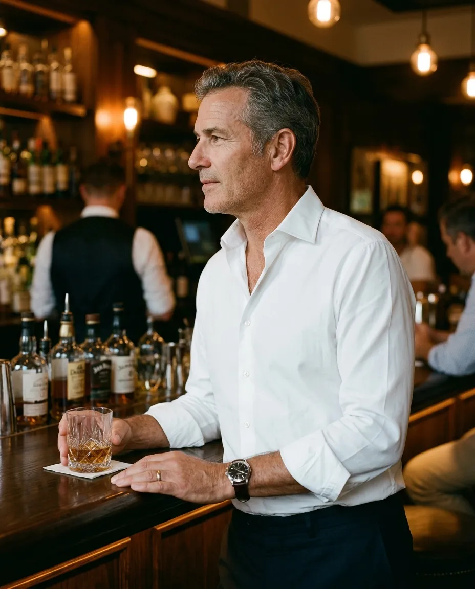 A man in a white spread collar shirt at a hotel bar in the evening