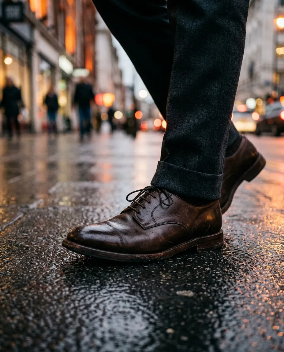 Brown oxford shoes and charcoal trouser hems on a wet evening pavement
