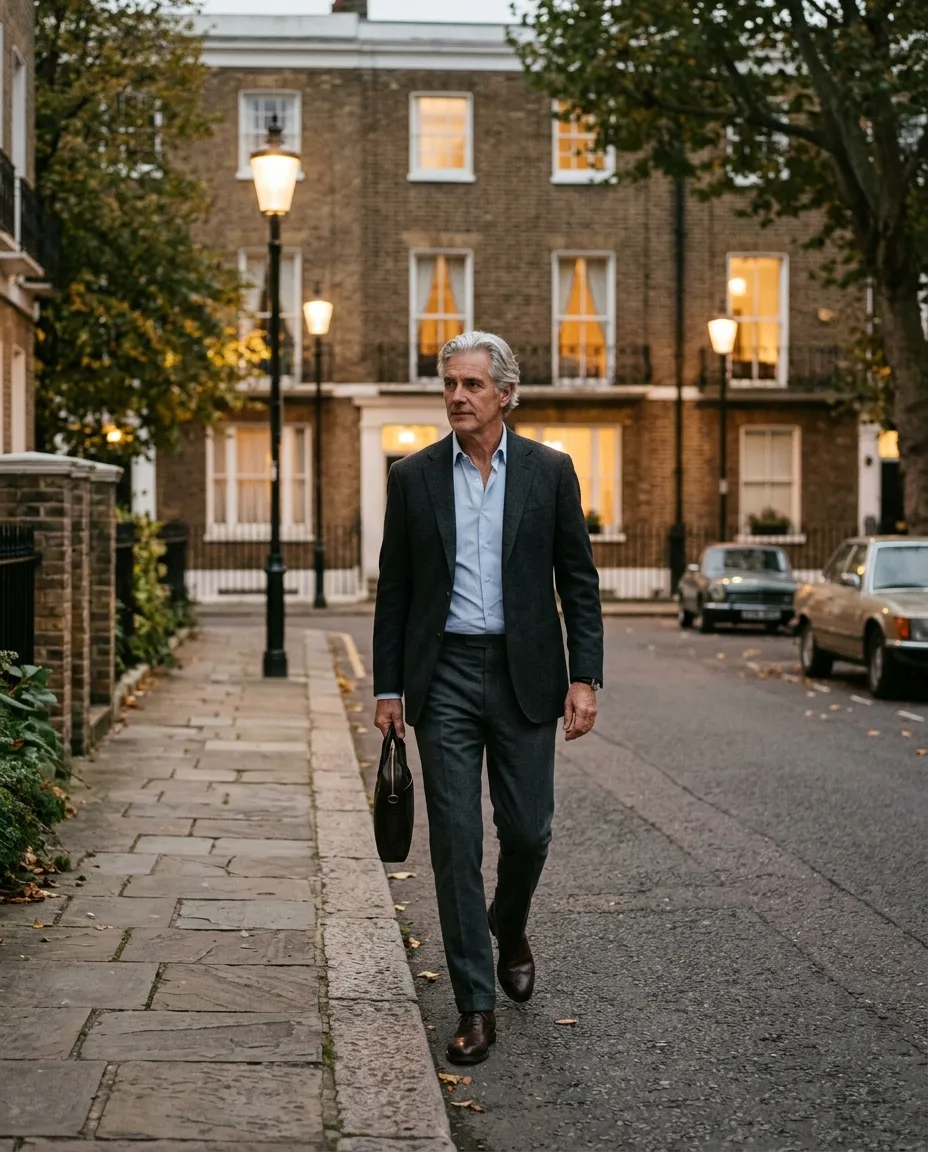 A silver haired man in a dark sport coat walking a townhouse street at dusk