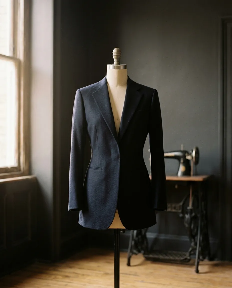 A navy jacket on a tailor's form, cut close with a strongly shaped waist