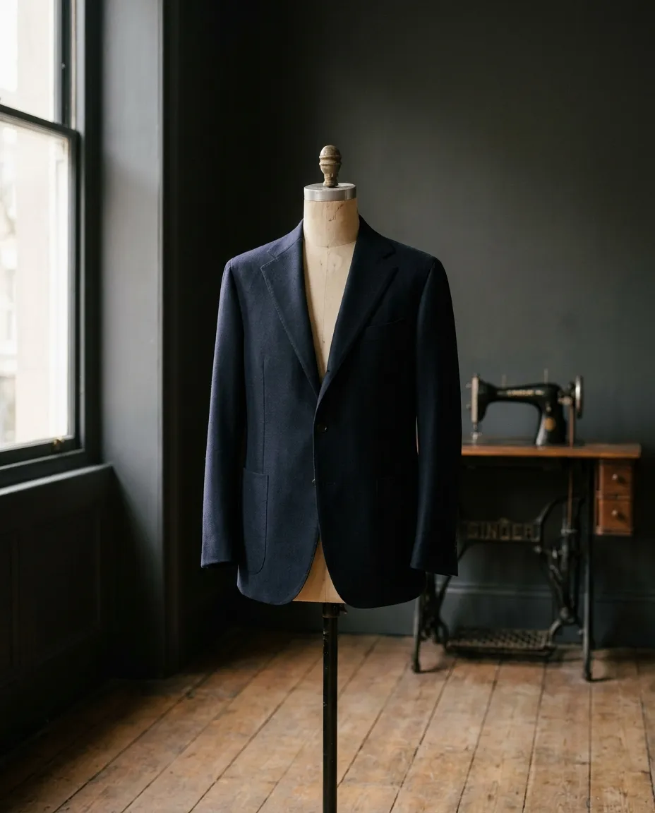 A navy jacket on a tailor's form in a relaxed cut with a fuller chest and a straighter body