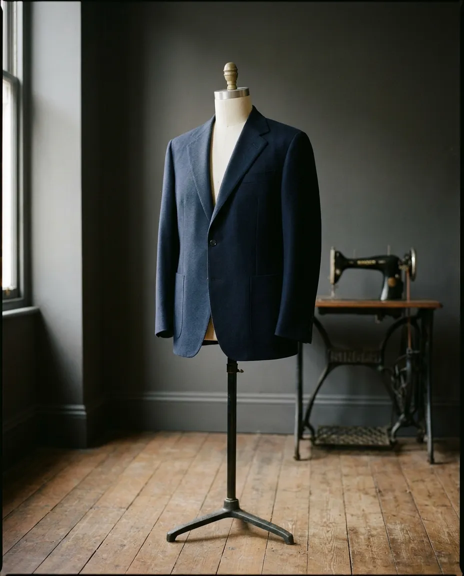 A navy jacket on a tailor's form in a classic cut with a gentle waist