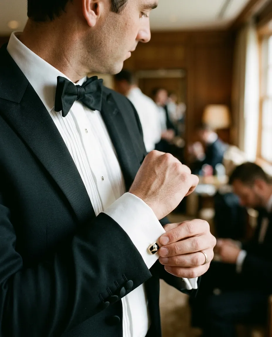 A pleated dress shirt, black bow tie and a cufflink being fastened