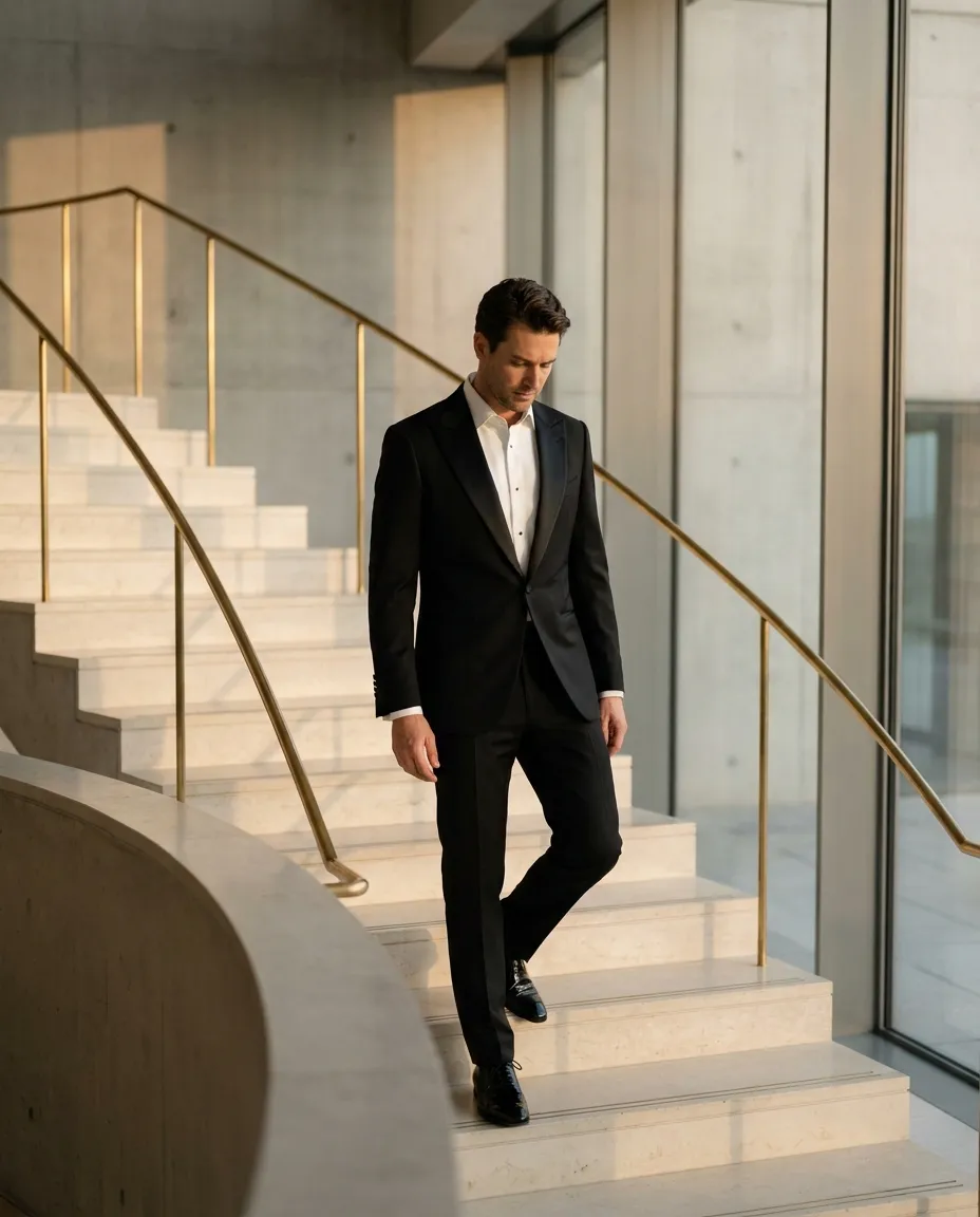 A man in a black peak lapel tuxedo coming down a pale stone staircase with a brass rail