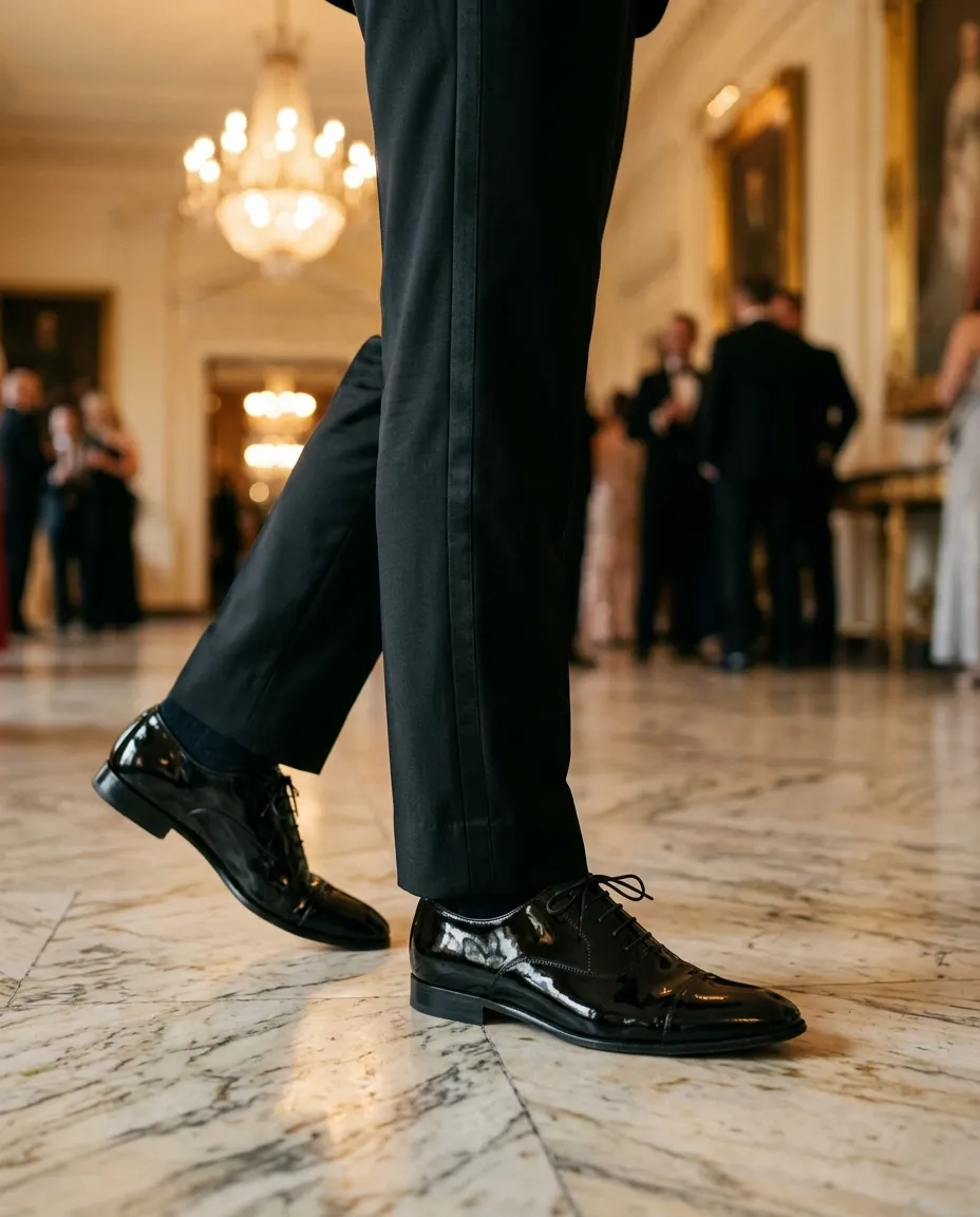 Black patent evening shoes and satin striped tuxedo trousers on marble