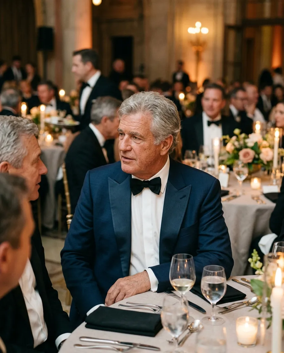 A man in a midnight blue tuxedo with satin shawl lapels at a candlelit gala table