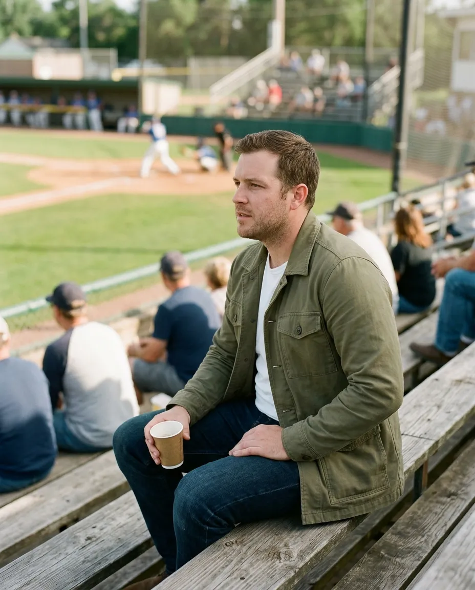 A man in an olive field jacket and dark jeans in the stands of a ballpark