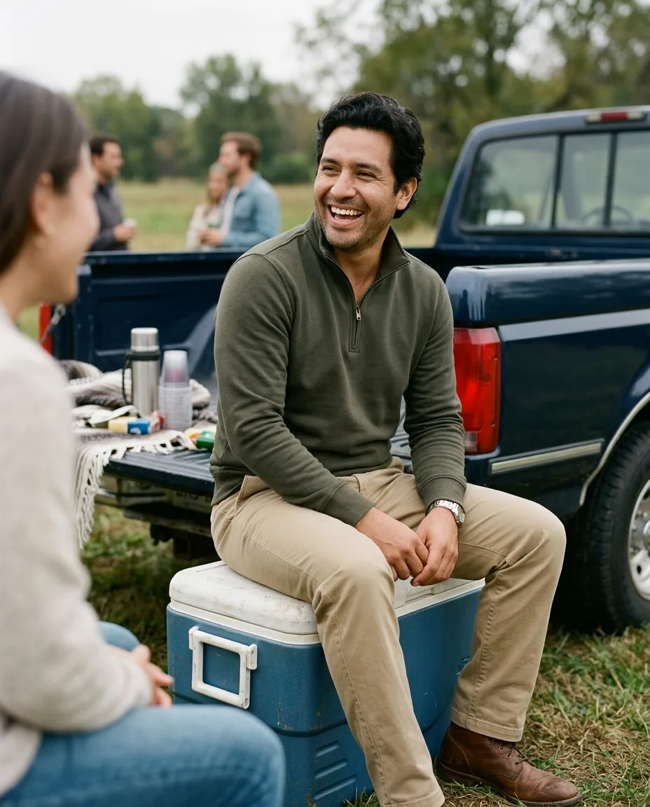 A man in khaki five-pocket pants sitting on a cooler beside a tailgate