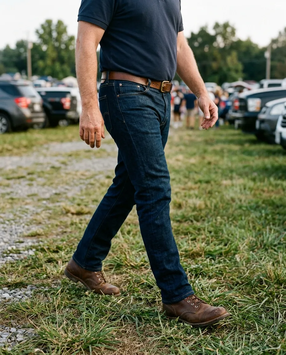 Dark indigo jeans and brown boots in a grassy stadium parking lot