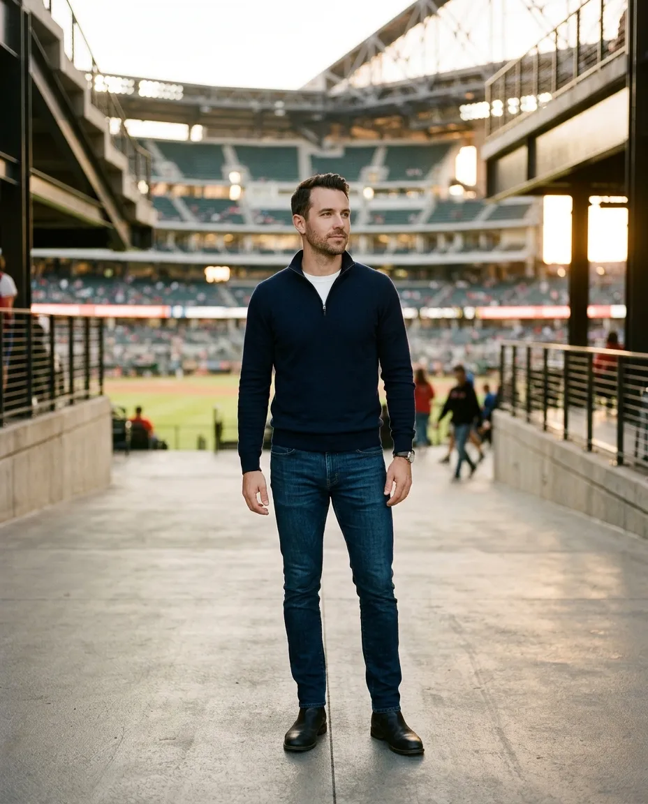 A man in a navy quarter zip and dark jeans in the concourse of a ballpark at golden hour