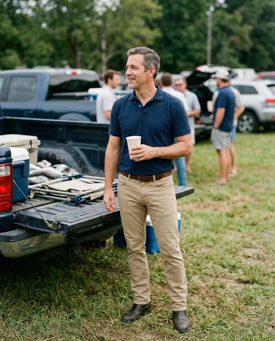A man in a navy polo and khaki pants at a pickup truck tailgate before a game