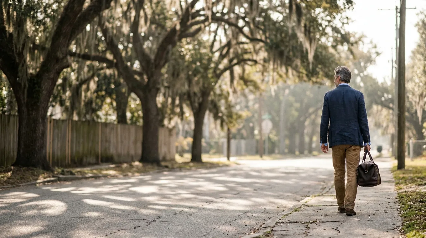 A man in a navy sport coat and tan trousers walking a quiet street under live oaks, a leather bag in his hand