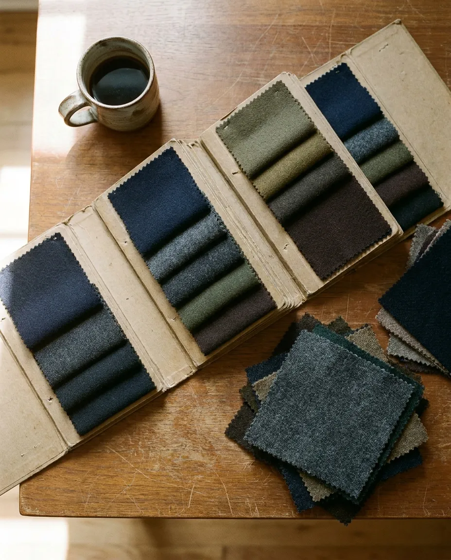 Books of wool swatches in navy, grey, brown and olive open on a wooden table beside a cup of coffee