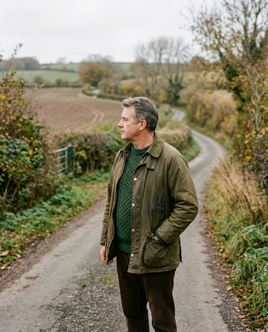 A man in a waxed olive field jacket on a country road
