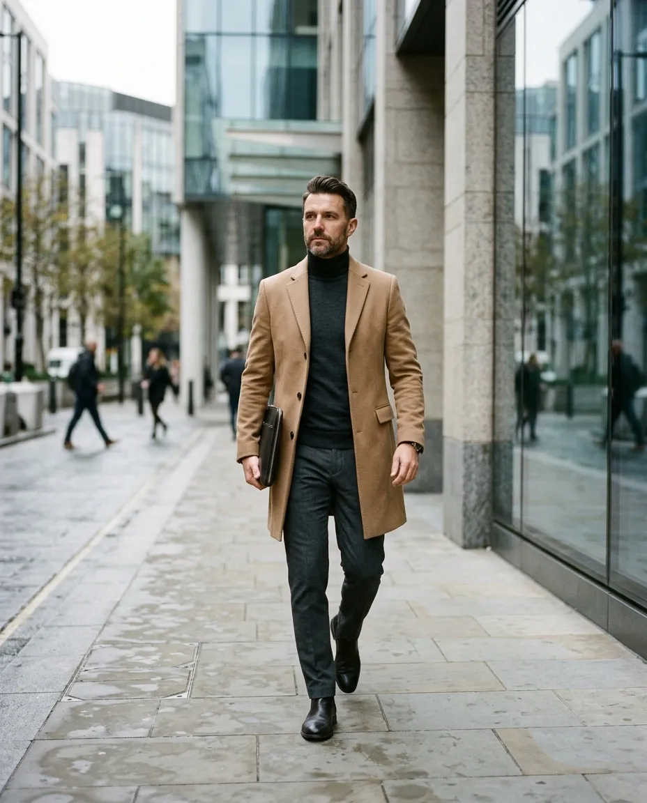 A man in a camel overcoat over a charcoal roll neck walking a city street