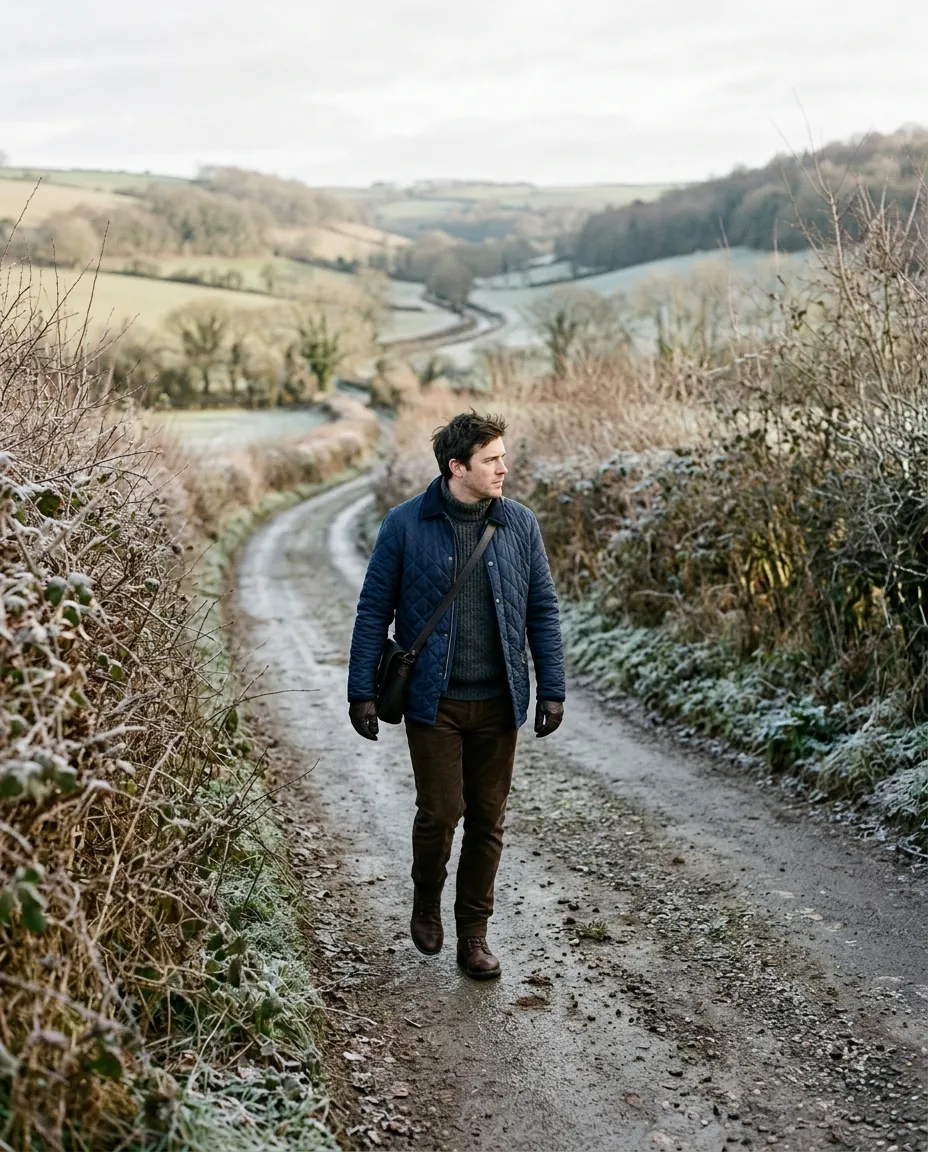 A man in a navy quilted jacket walking a frosty country lane