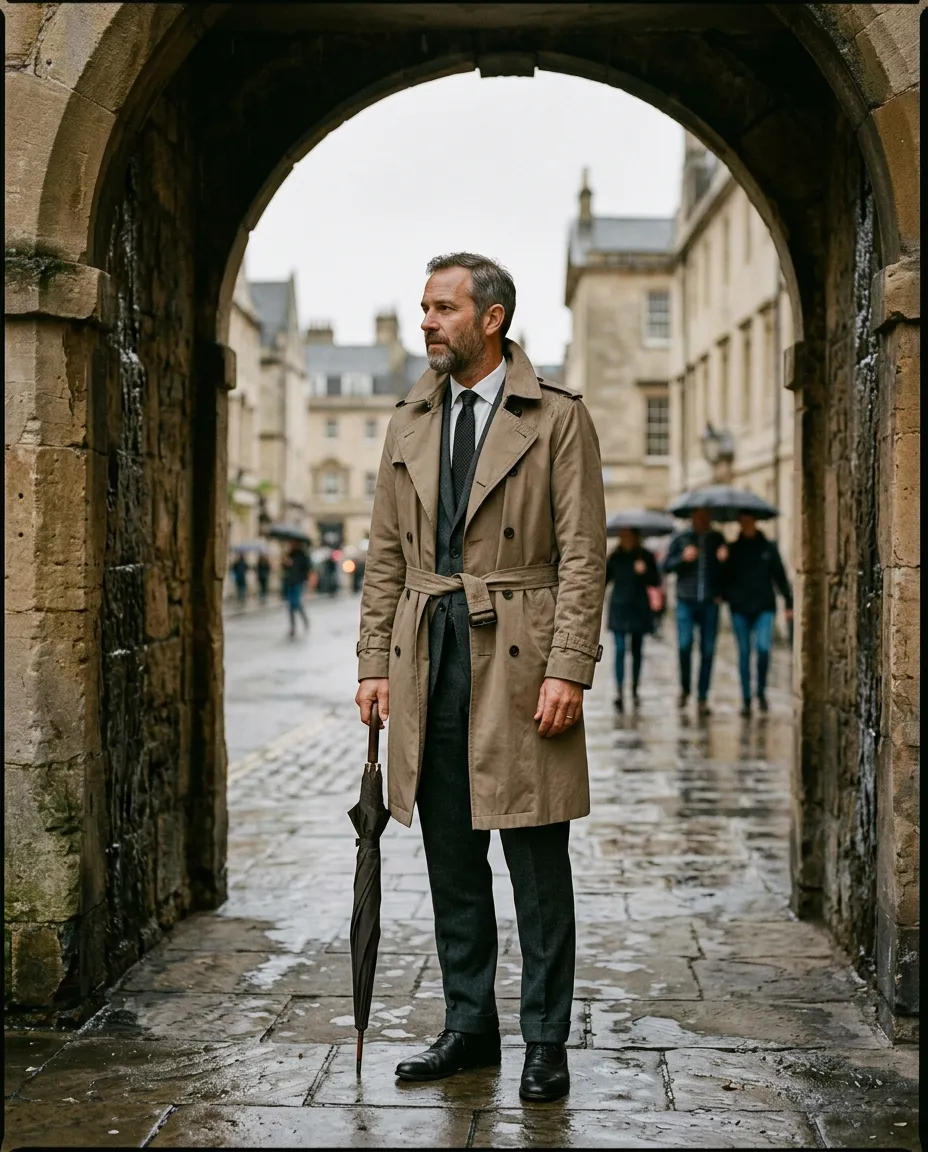 A man in a stone belted raincoat under a stone archway on a rainy street