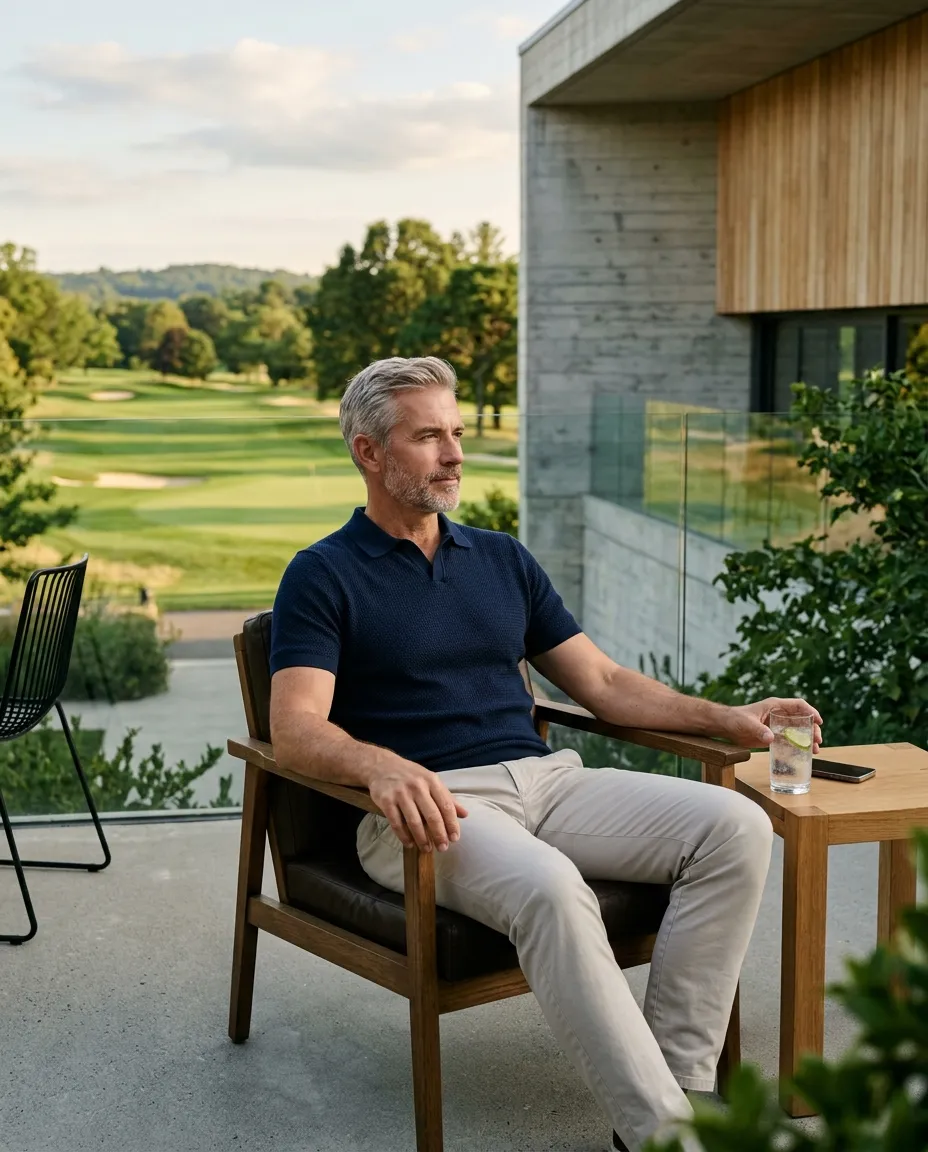A silver haired man in a navy knit polo and stone trousers seated on a modern clubhouse terrace above the course