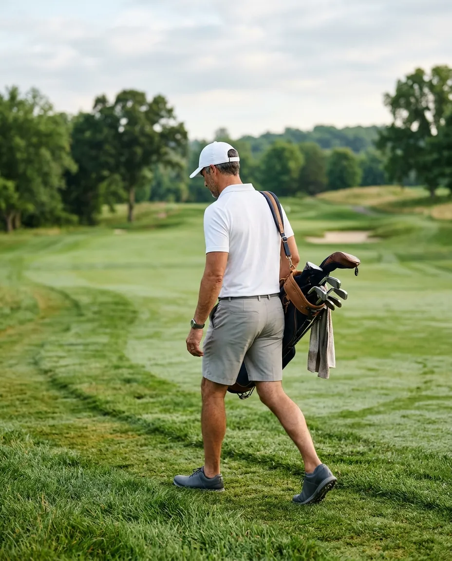 A man in a white polo and grey golf shorts walking a fairway with a carry bag over his shoulder