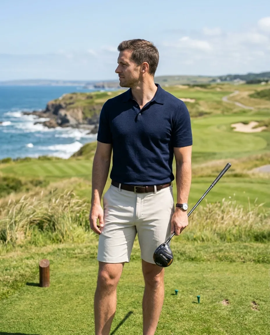 A man in stone golf shorts and a navy knit polo on a coastal tee box, a driver in his hand