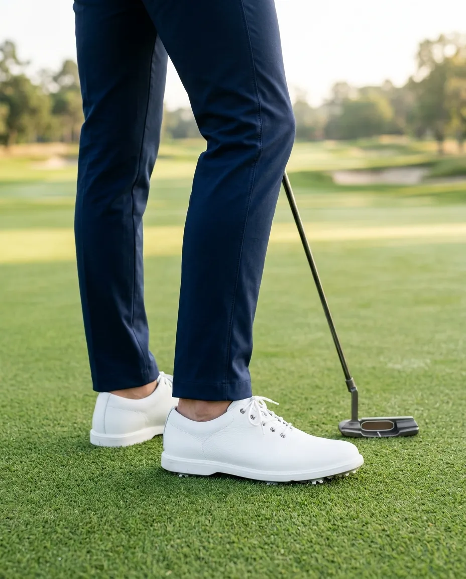 Slim navy golf trousers with a clean hem just touching a white golf shoe on a putting green, a putter beside it