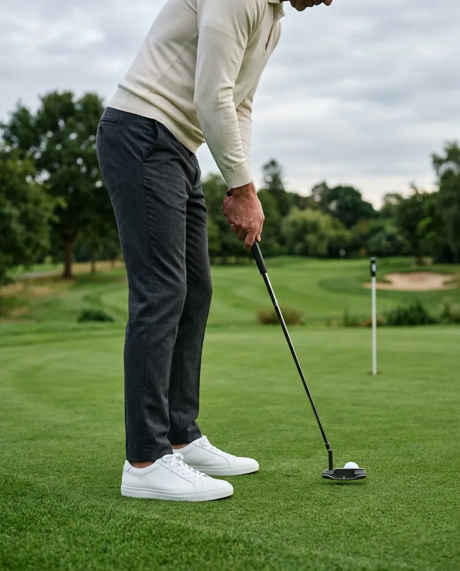 Charcoal golf trousers and white shoes lining up a putt on the green