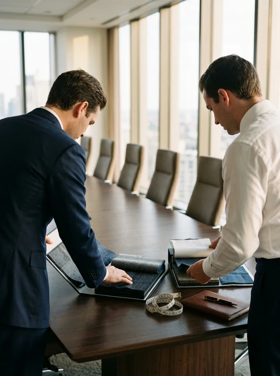 Two men at the end of a long boardroom table by tall windows, one in a navy suit and one in shirtsleeves, both bent over open books of wool swatches, a tape measure coiled beside a notebook