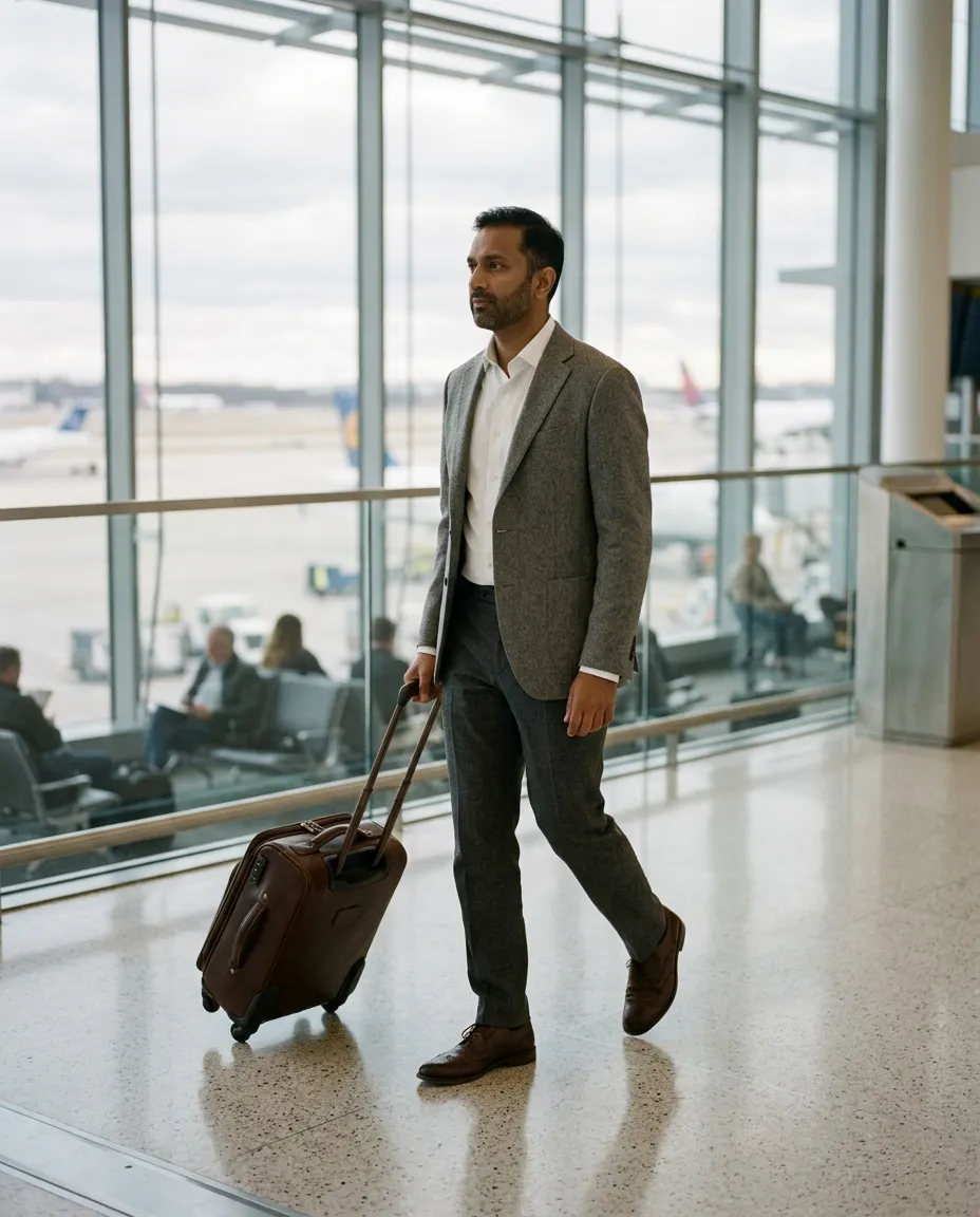 A man in a grey sport coat pulling a leather carry-on through an airport concourse