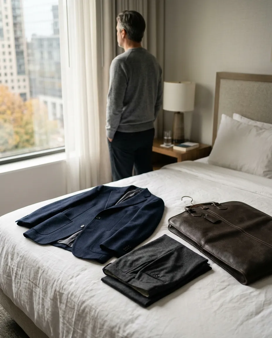 A navy sport coat, folded trousers and a garment bag laid out on a hotel bed